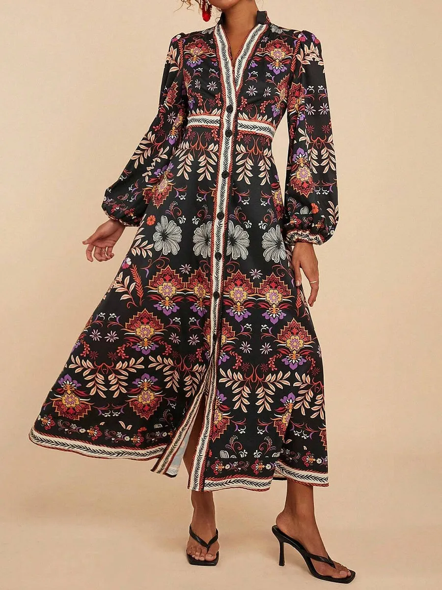 Floral Print V Neck Puffy Long Sleeve Dress