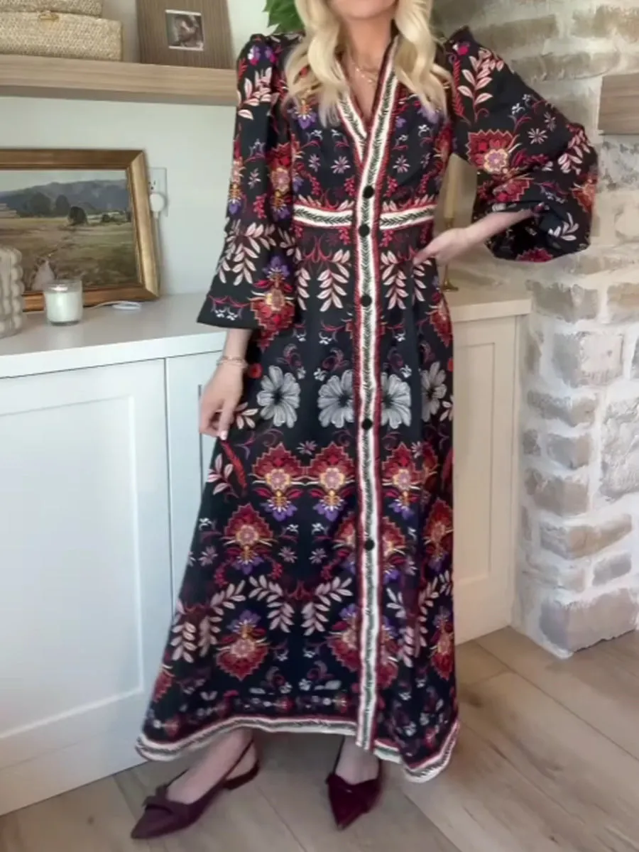 Floral Print V Neck Puffy Long Sleeve Dress