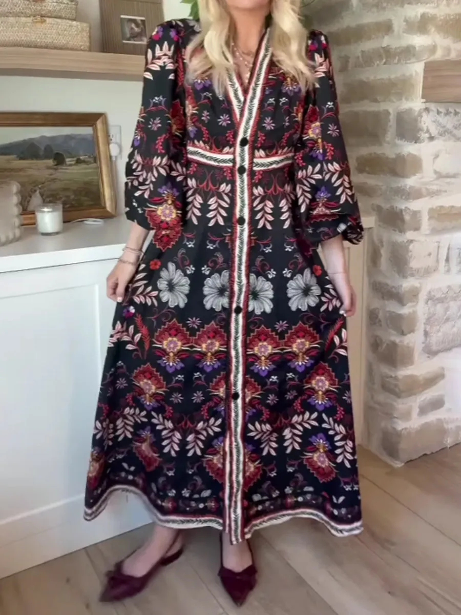 Floral Print V Neck Puffy Long Sleeve Dress