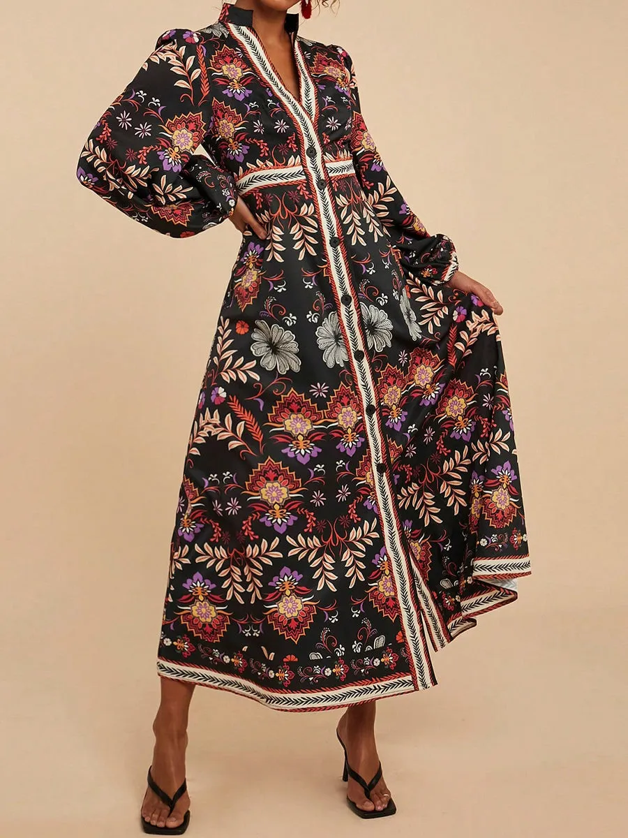 Floral Print V Neck Puffy Long Sleeve Dress