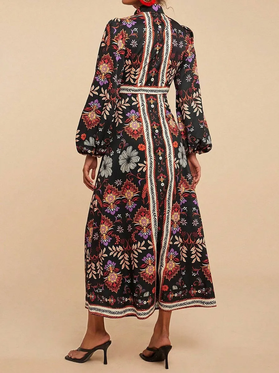 Floral Print V Neck Puffy Long Sleeve Dress