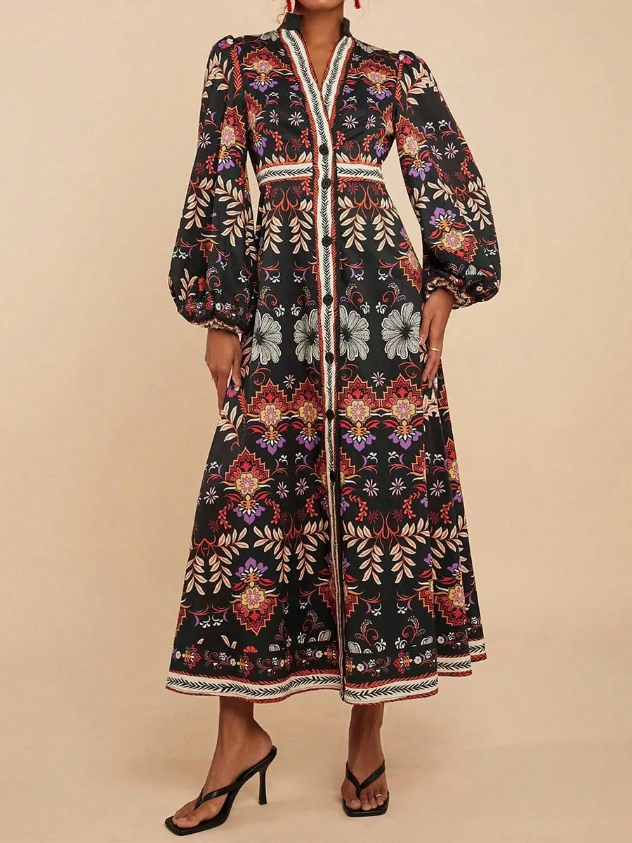 Floral Print V Neck Puffy Long Sleeve Dress