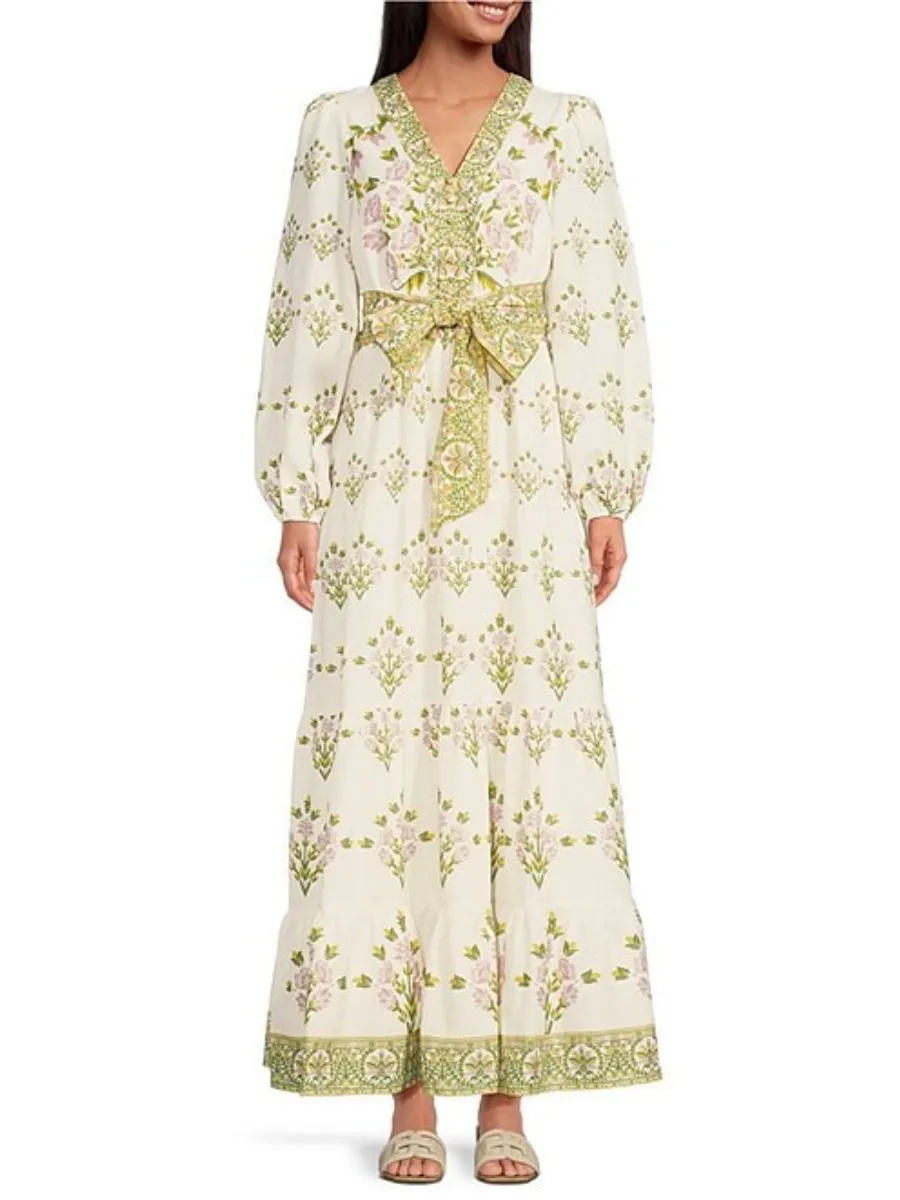 Floral Printed Long Sleeve Tie Maxi Dress