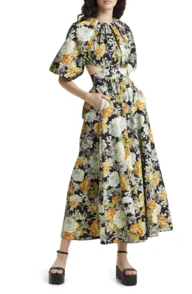 Floral Puff Sleeve Midi Cutout Casual Dress