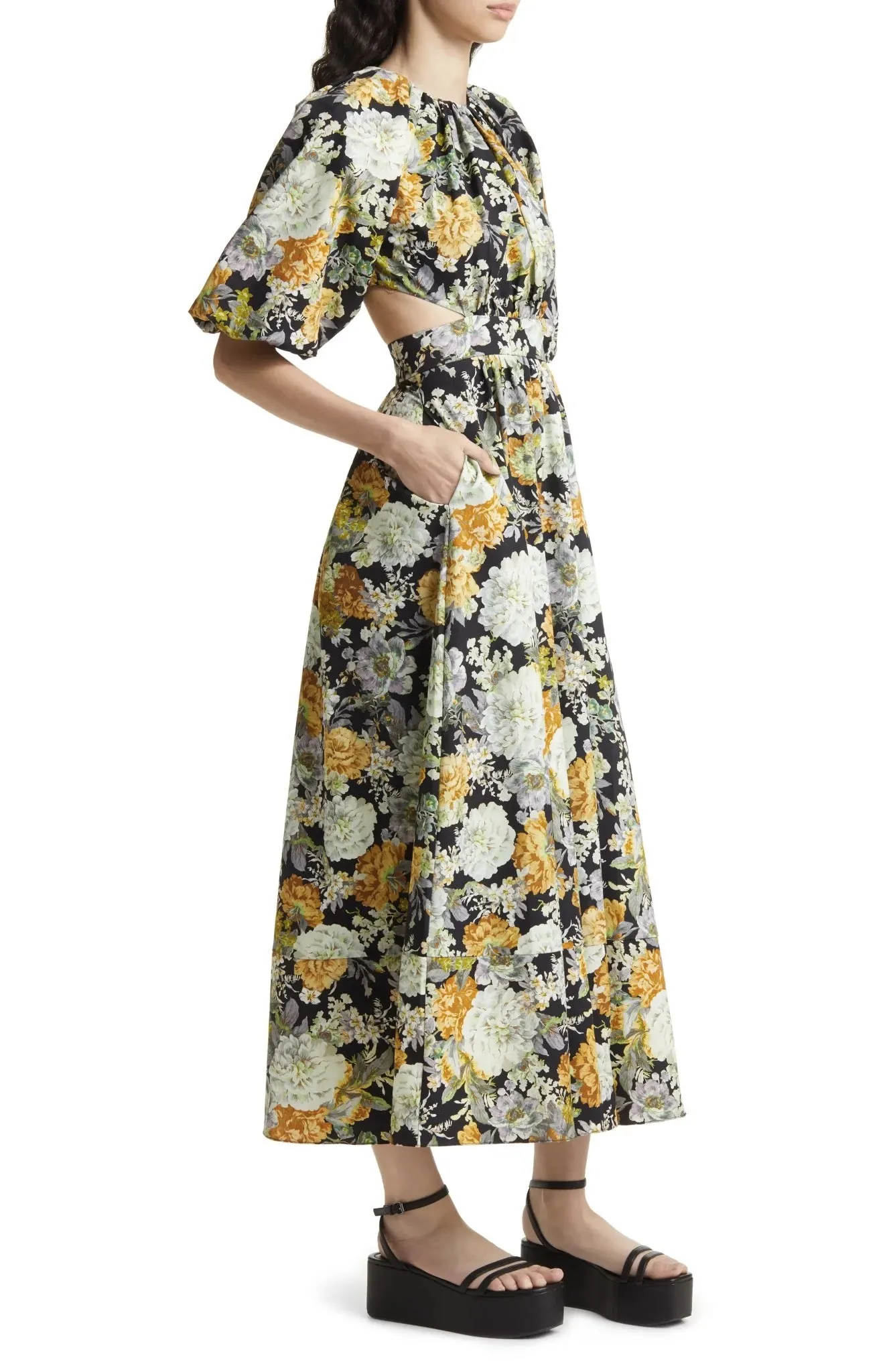 Floral Puff Sleeve Midi Cutout Casual Dress