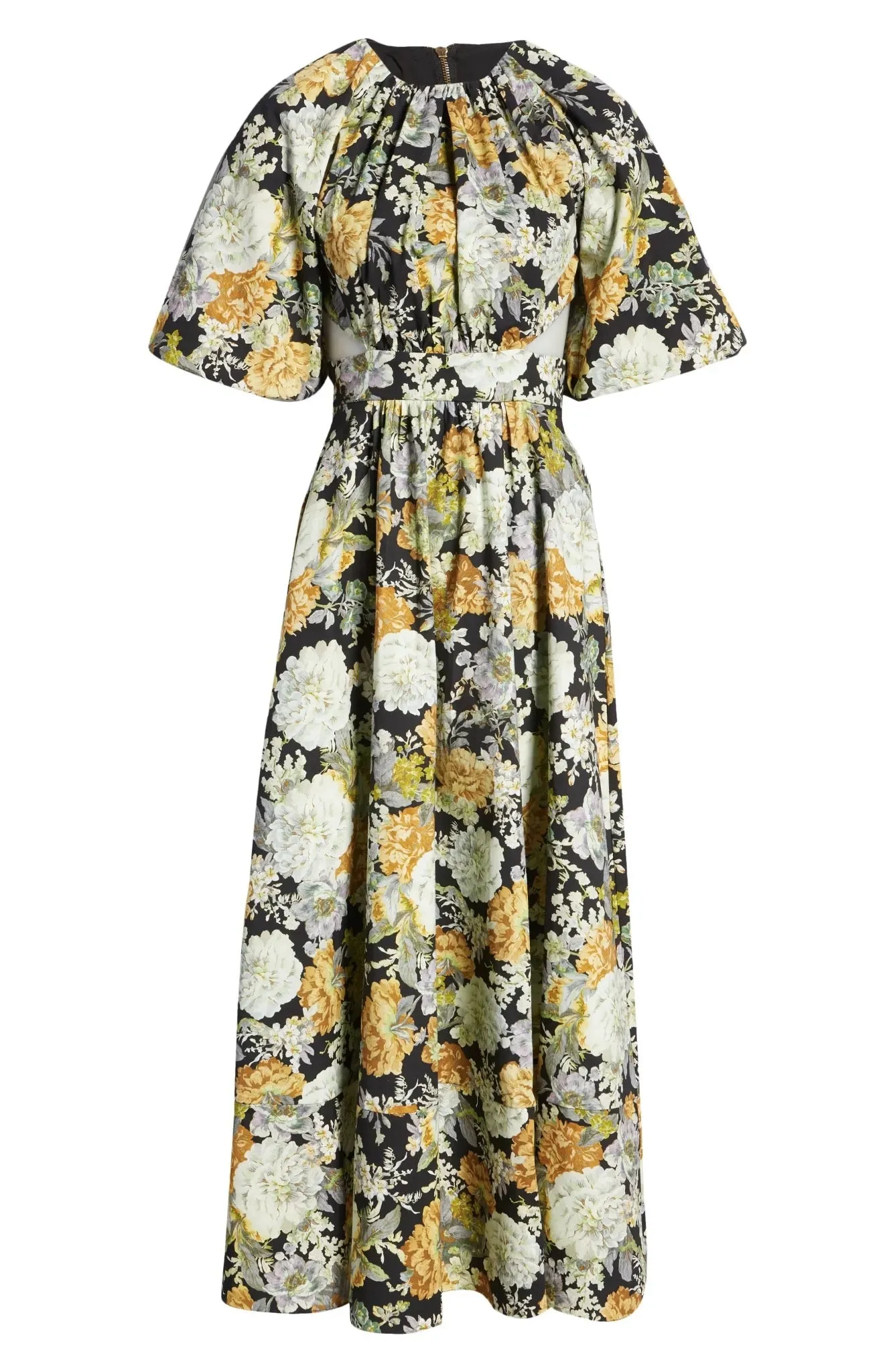 Floral Puff Sleeve Midi Cutout Casual Dress