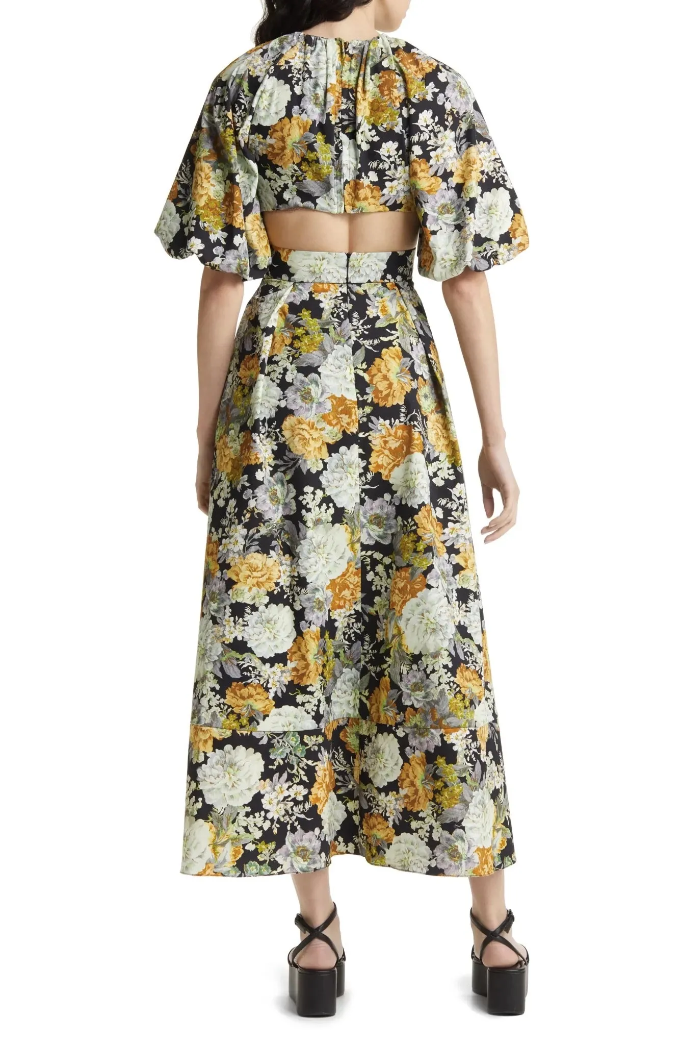 Floral Puff Sleeve Midi Cutout Casual Dress