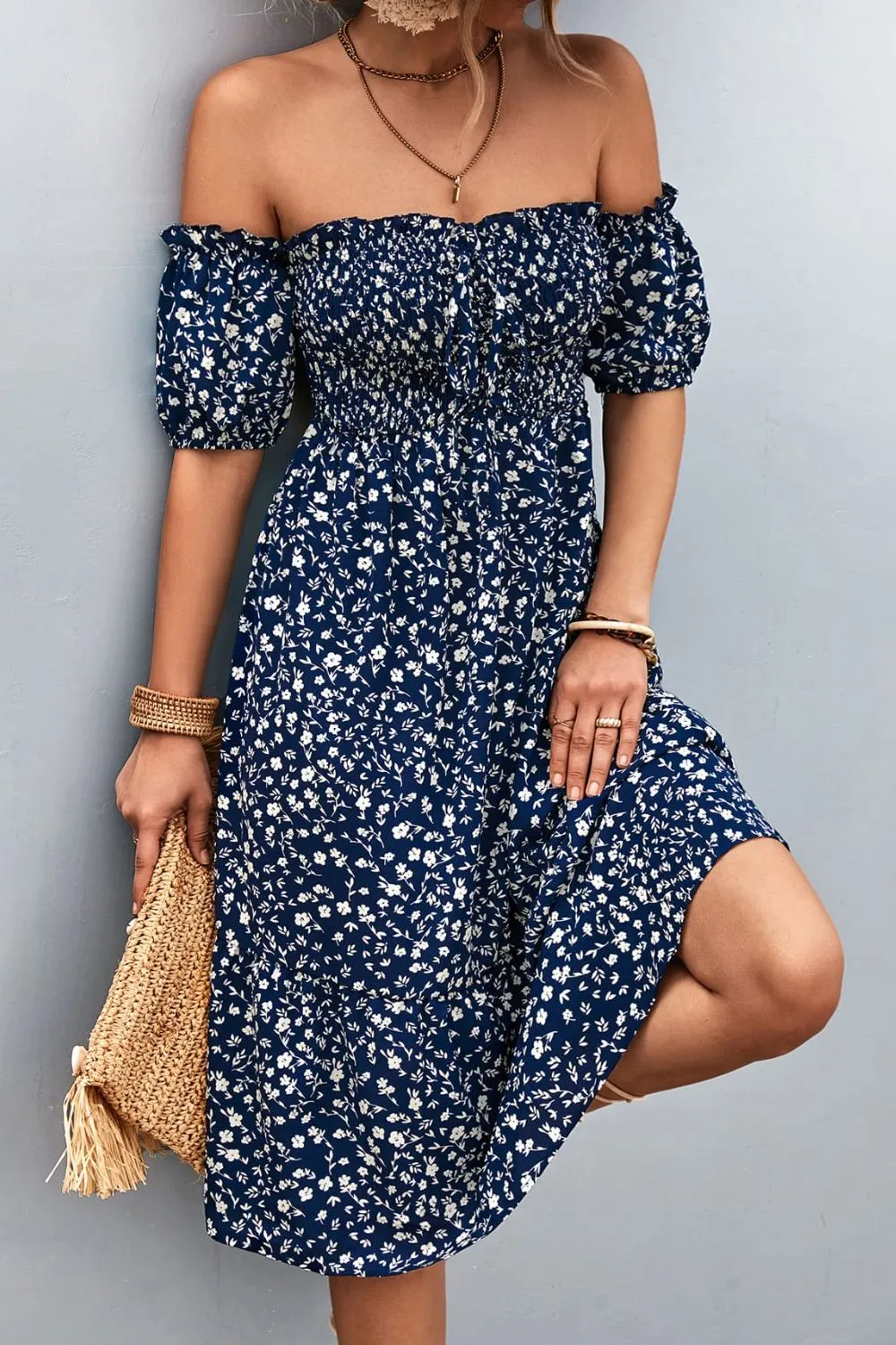 Floral Smocked Frill Trim Off-Shoulder Dress