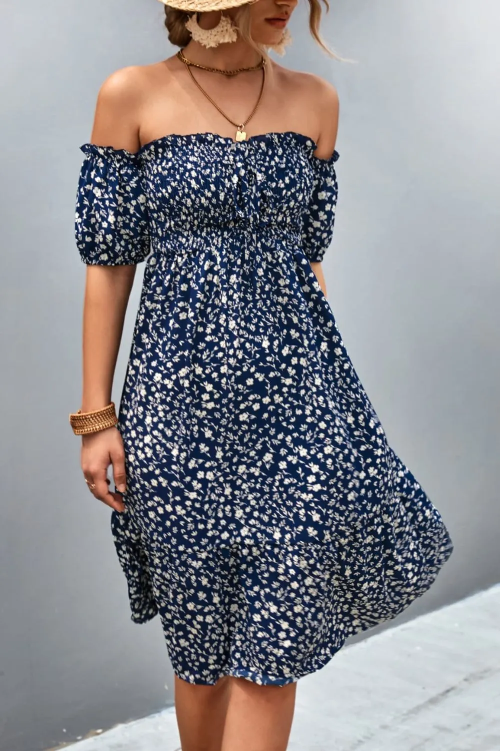 Floral Smocked Frill Trim Off-Shoulder Dress