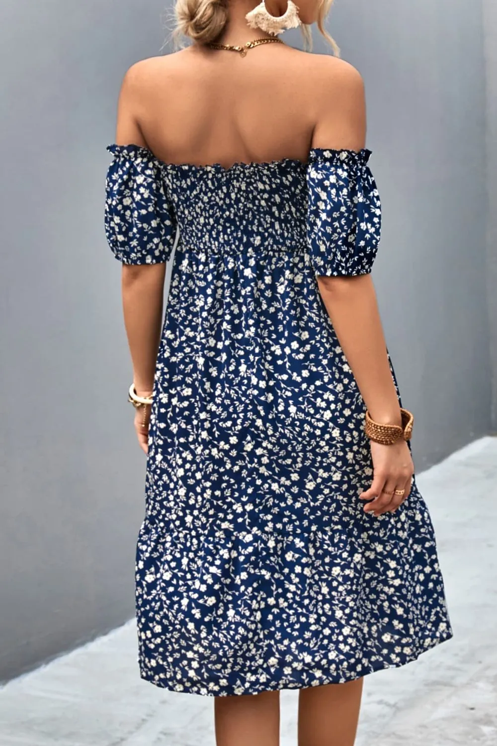 Floral Smocked Frill Trim Off-Shoulder Dress