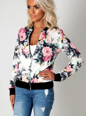 Flower Print Women Basic Coats Long Sleeve Zipper