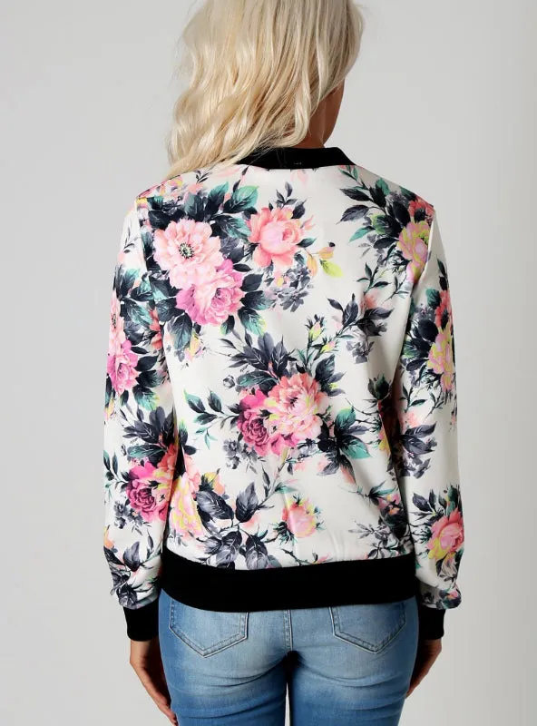 Flower Print Women Basic Coats Long Sleeve Zipper