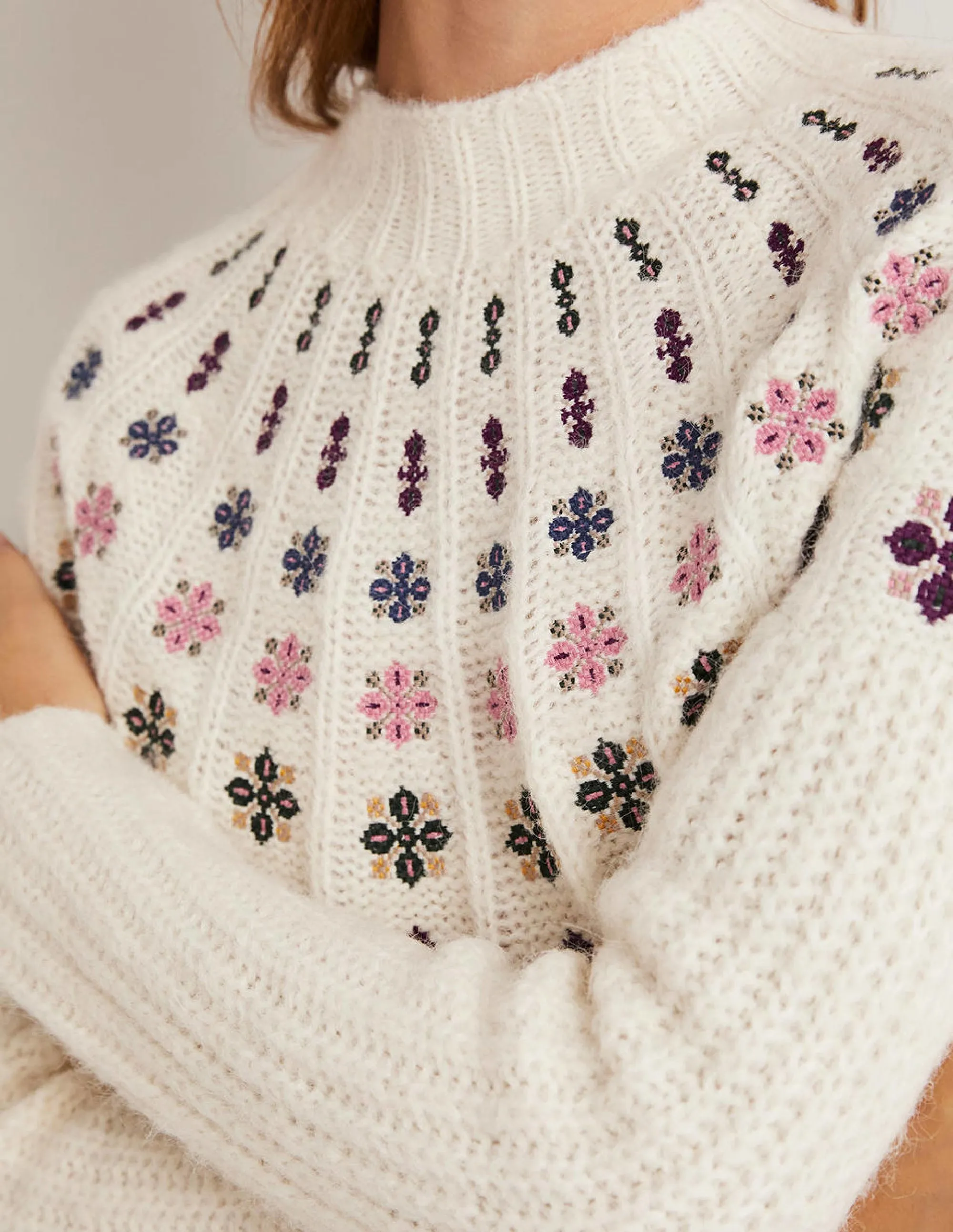 Fluffy Embroidered Jumper-Ivory, Multi Embroidery