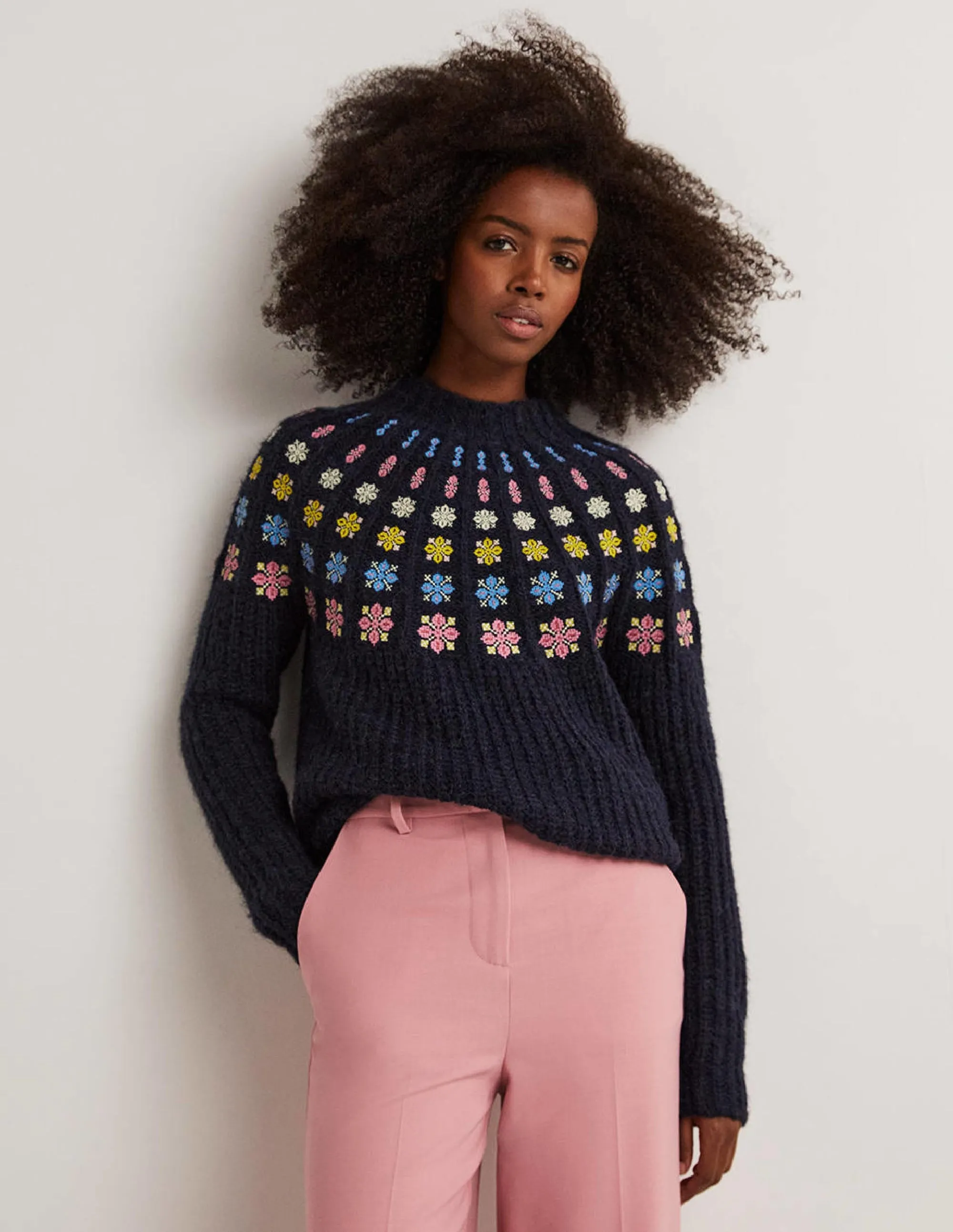 Fluffy Embroidered Jumper-Navy, Multi Embroidery