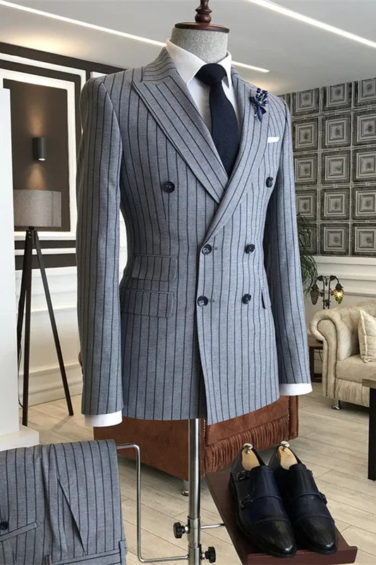 Frederic Gray Striped Double-Breasted Peaked Lapel Business Suit