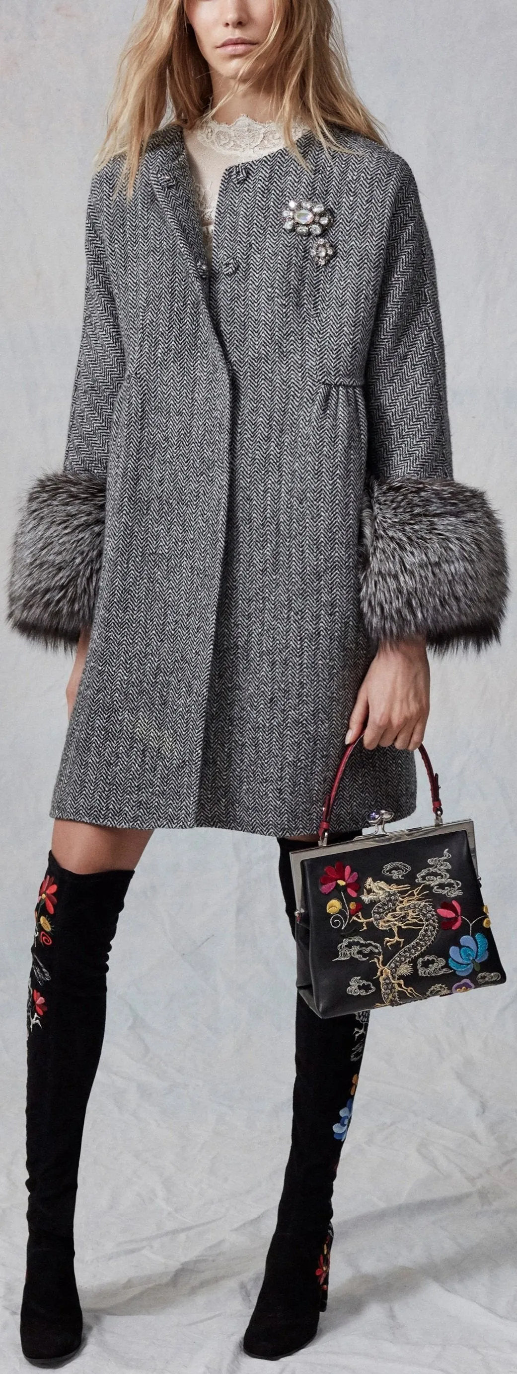 Fur-Cuff Embellished Coat