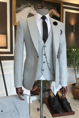 Godfrey Light Gray Close-Fit Peaked Lapel Three-Piece Business Suit