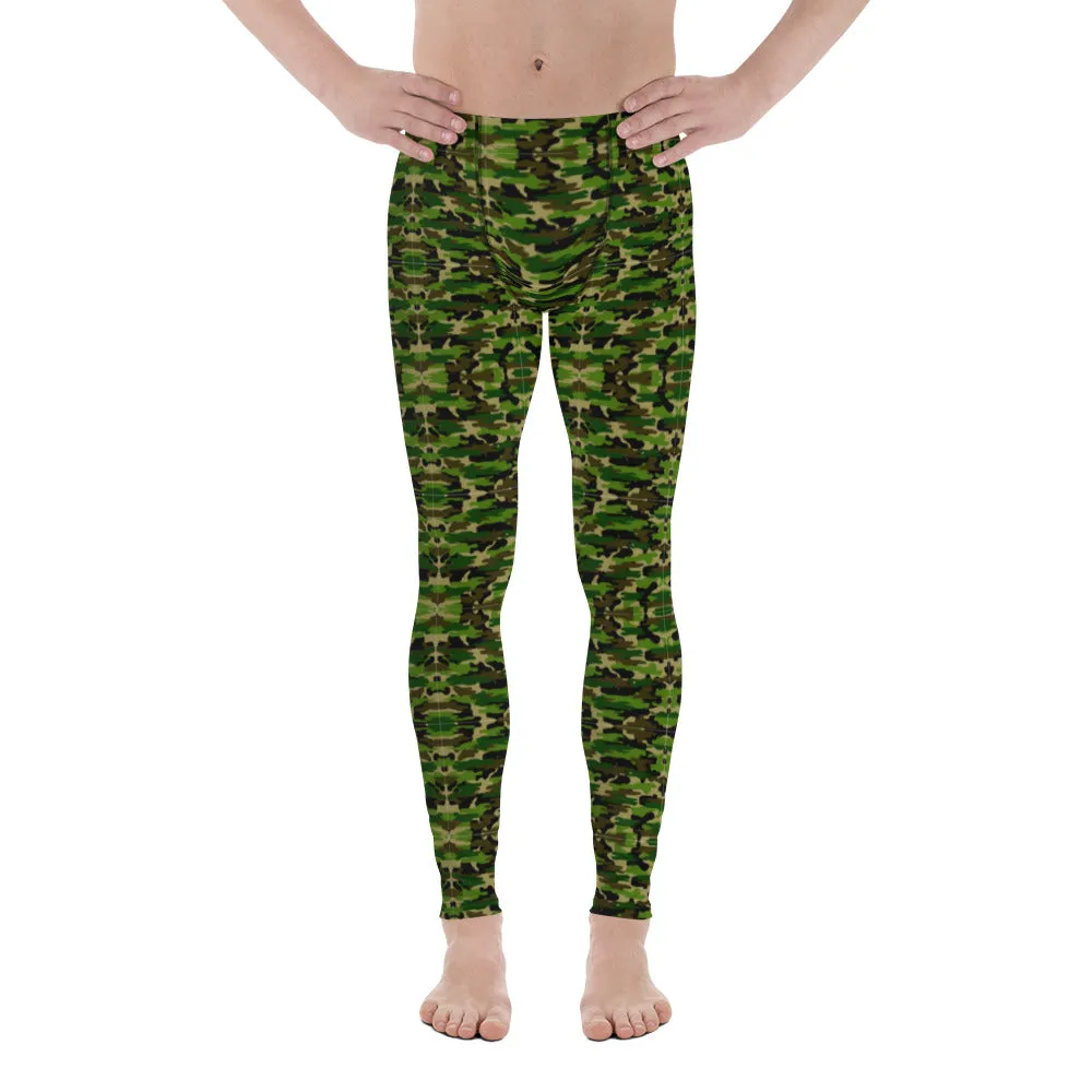 Green Camo Print Men's Leggings, Camouflage Military Print Meggings-Made in USA/EU