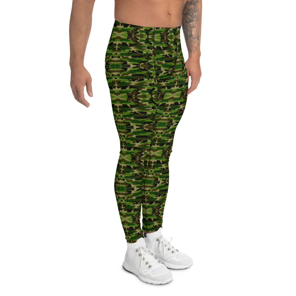 Green Camo Print Men's Leggings, Camouflage Military Print Meggings-Made in USA/EU