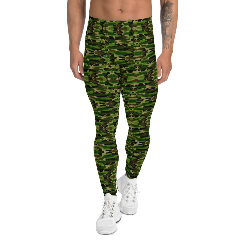 Green Camo Print Men's Leggings, Camouflage Military Print Meggings-Made in USA/EU