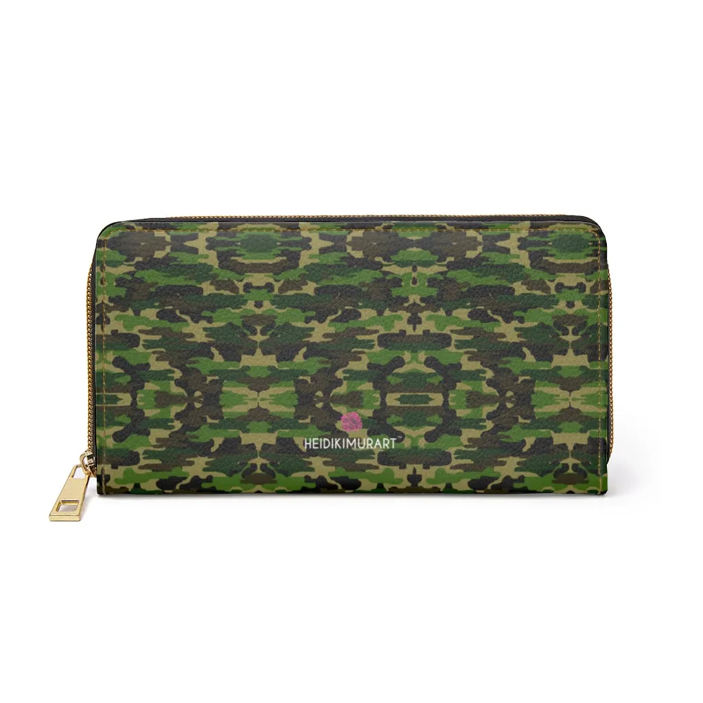 Green Camouflage Print Zipper Wallet, Camouflage Army Military Print Long Compact Designer Premium Quality Women's Wallet