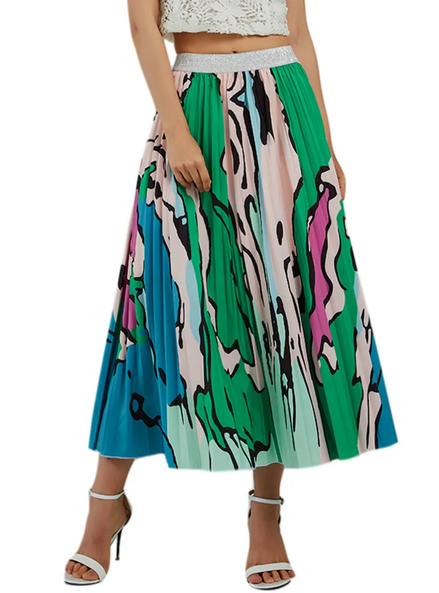 Green Stripes Graffiti Pleated Skirt Printing