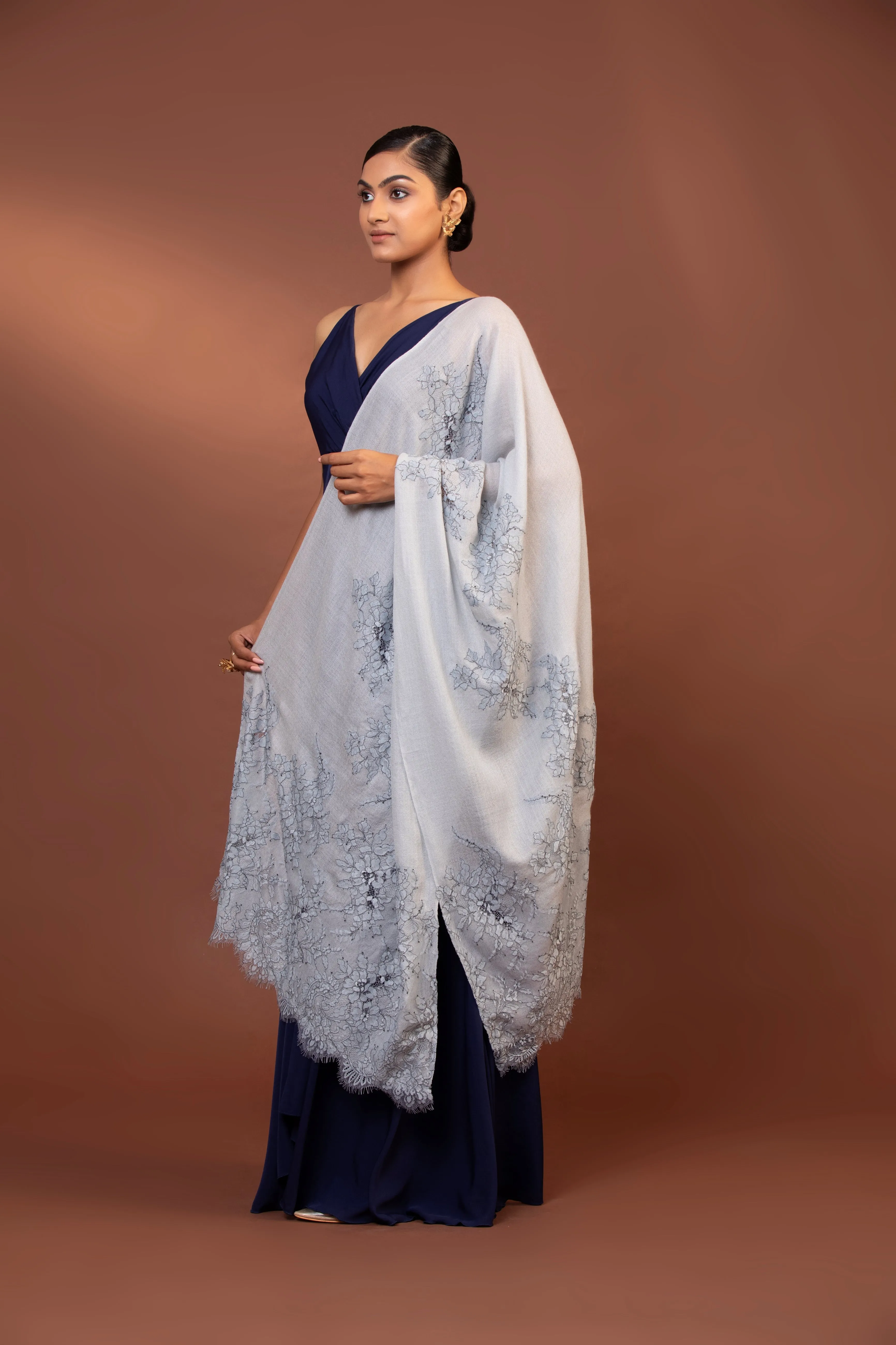 Grey Women’s Shawl with Elegant Lace Design | Stylish & Chic