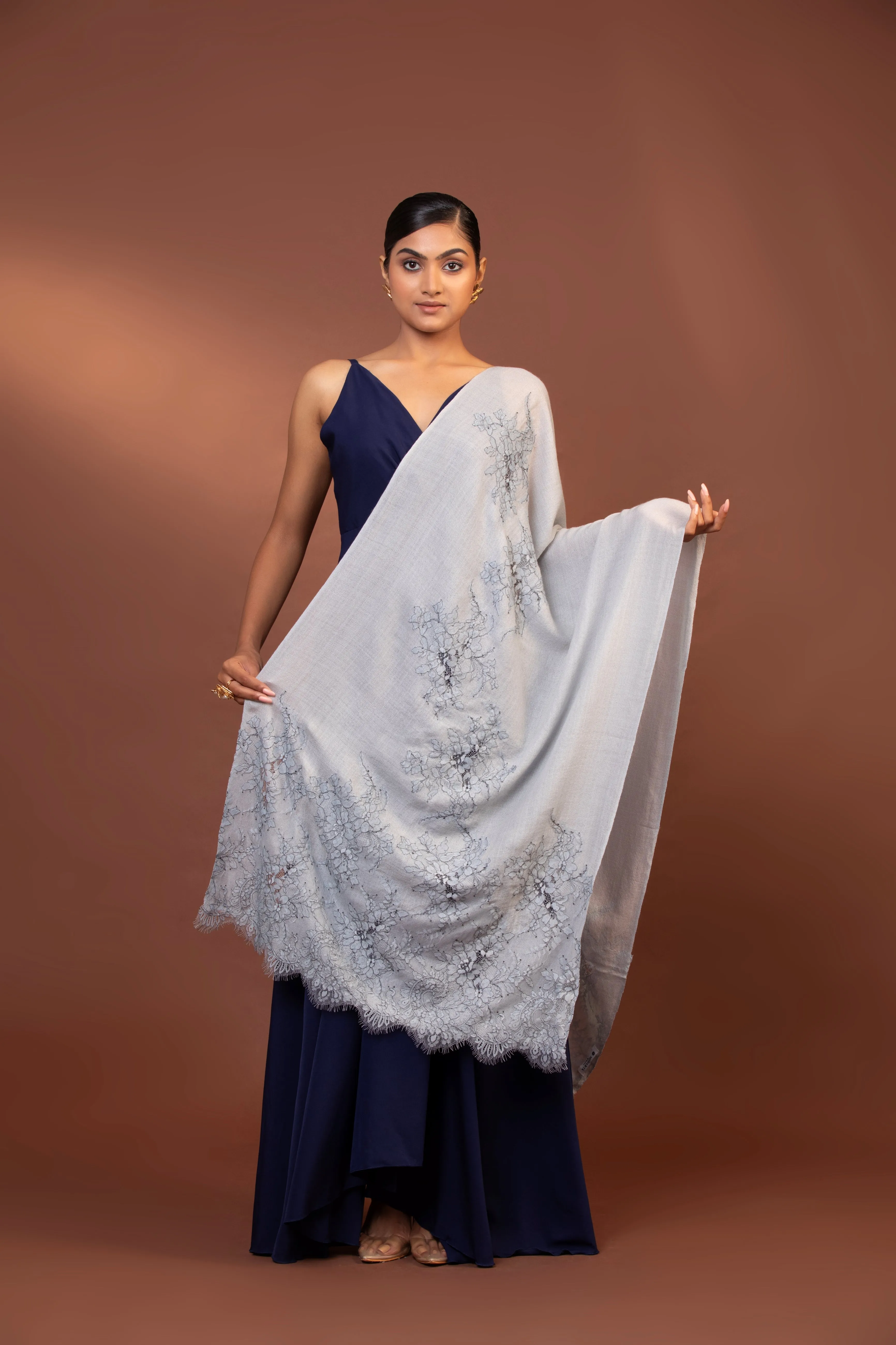 Grey Women’s Shawl with Elegant Lace Design | Stylish & Chic