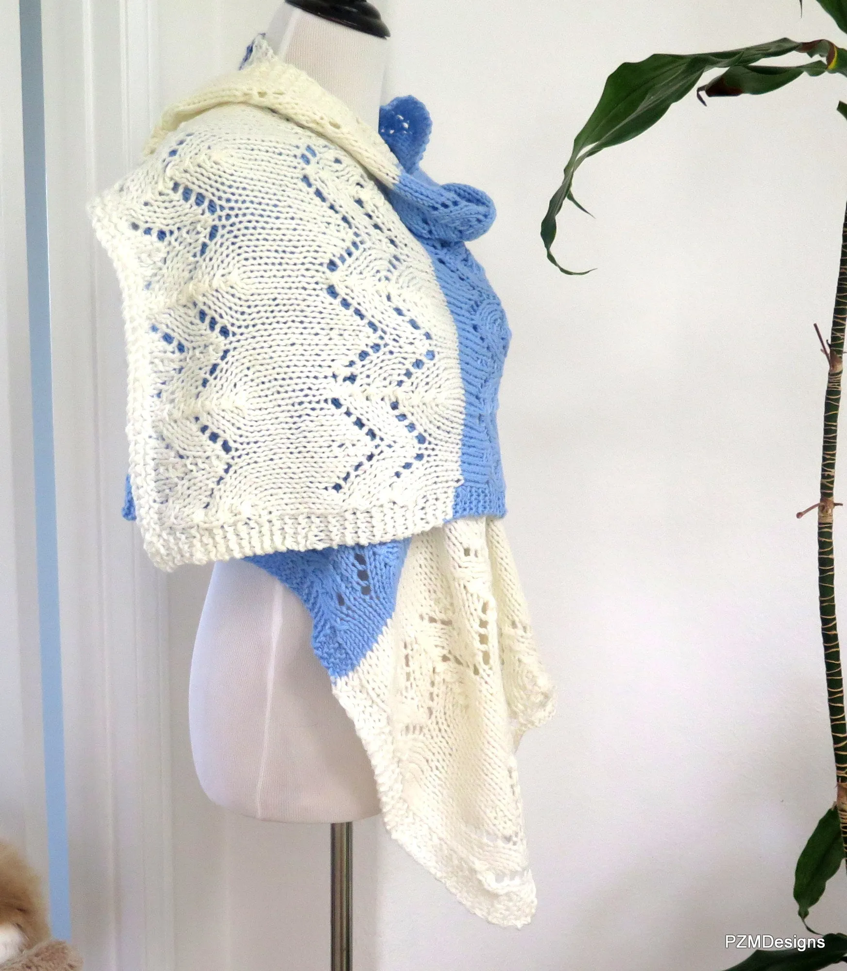 Hand Knit Meditation Shawl, Blue and Whte Prayer Shawl, Gift for her