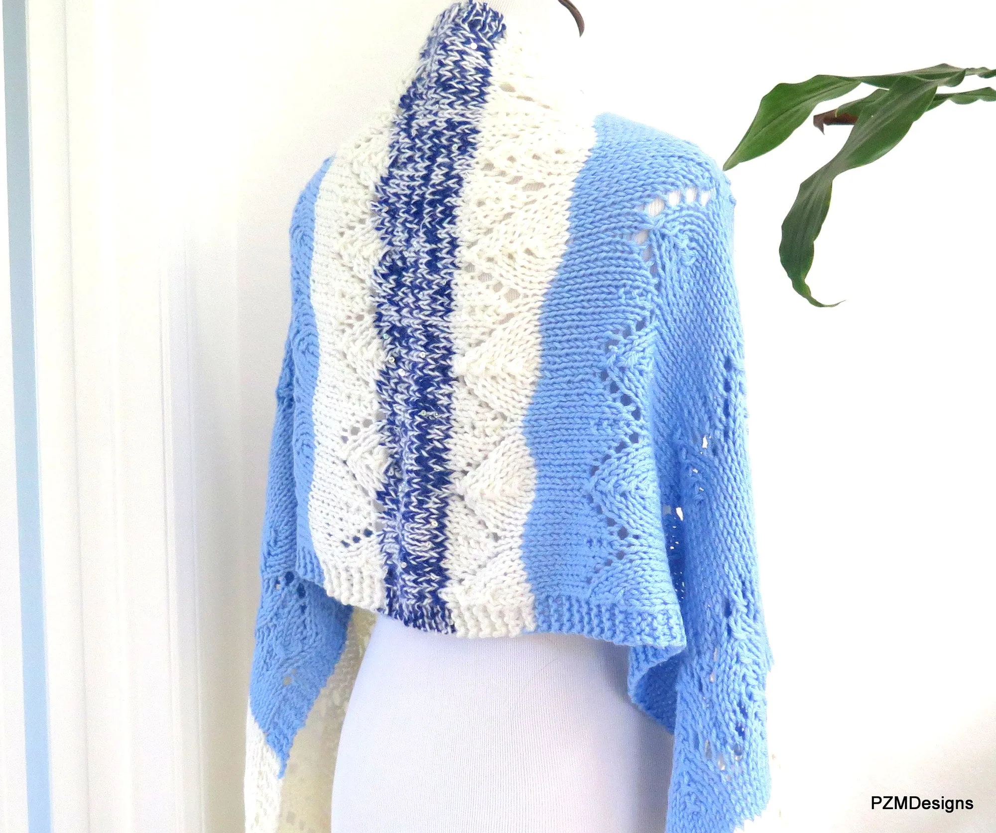 Hand Knit Meditation Shawl, Blue and Whte Prayer Shawl, Gift for her