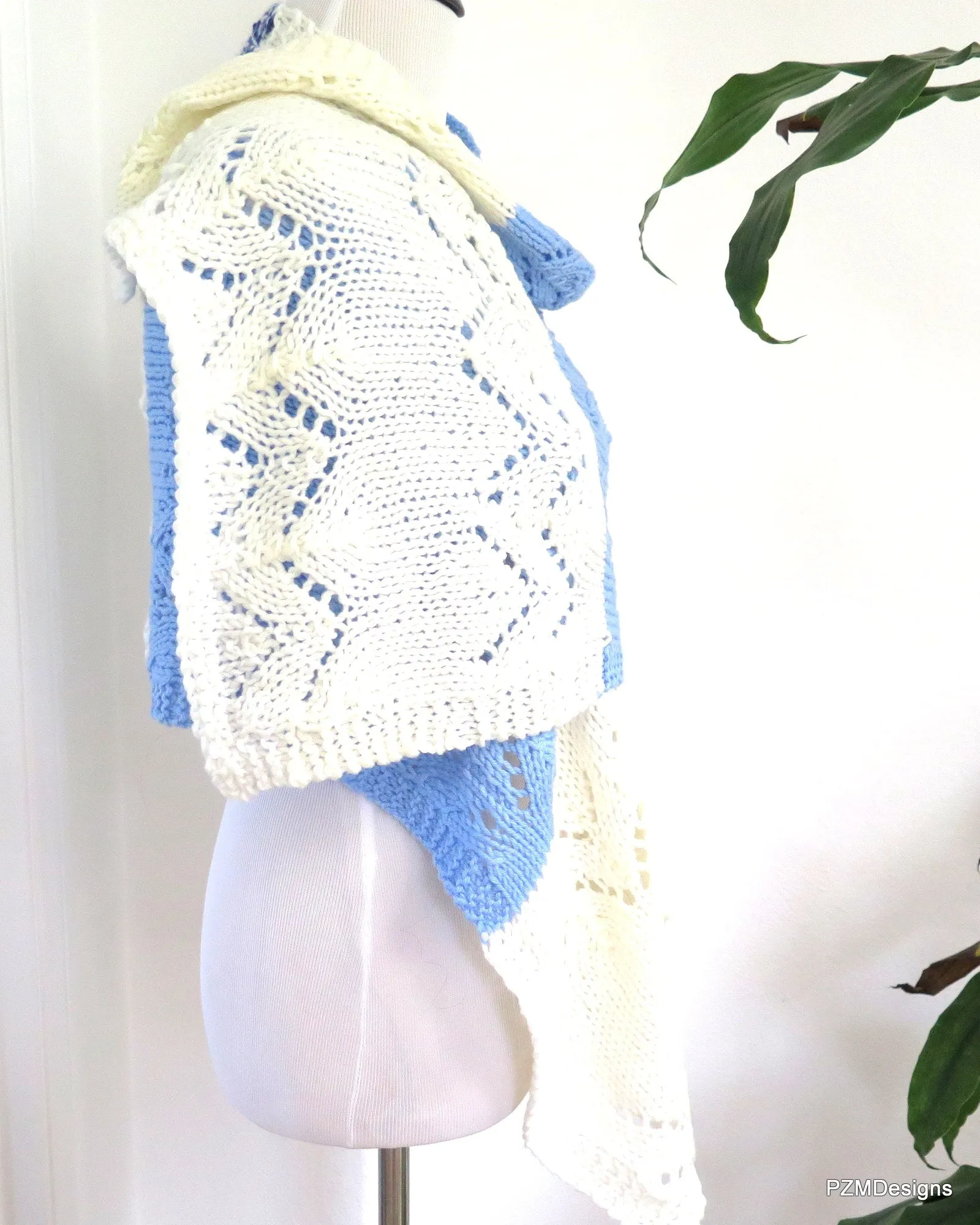 Hand Knit Meditation Shawl, Blue and Whte Prayer Shawl, Gift for her