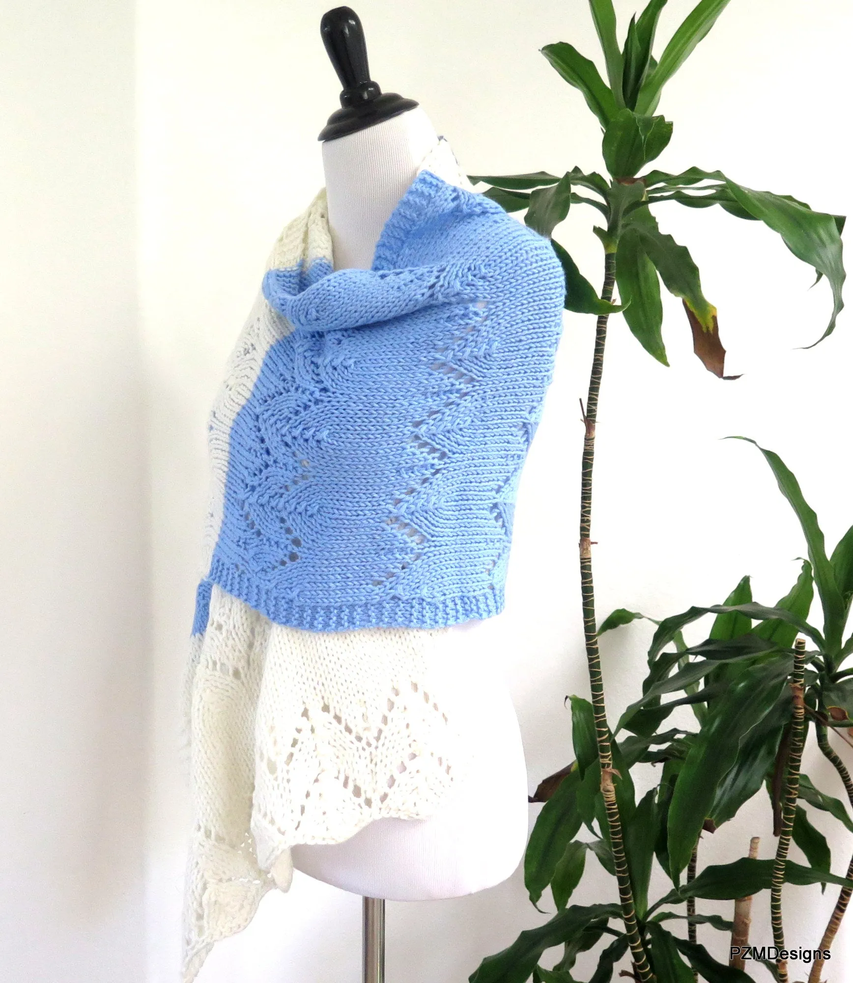 Hand Knit Meditation Shawl, Blue and Whte Prayer Shawl, Gift for her