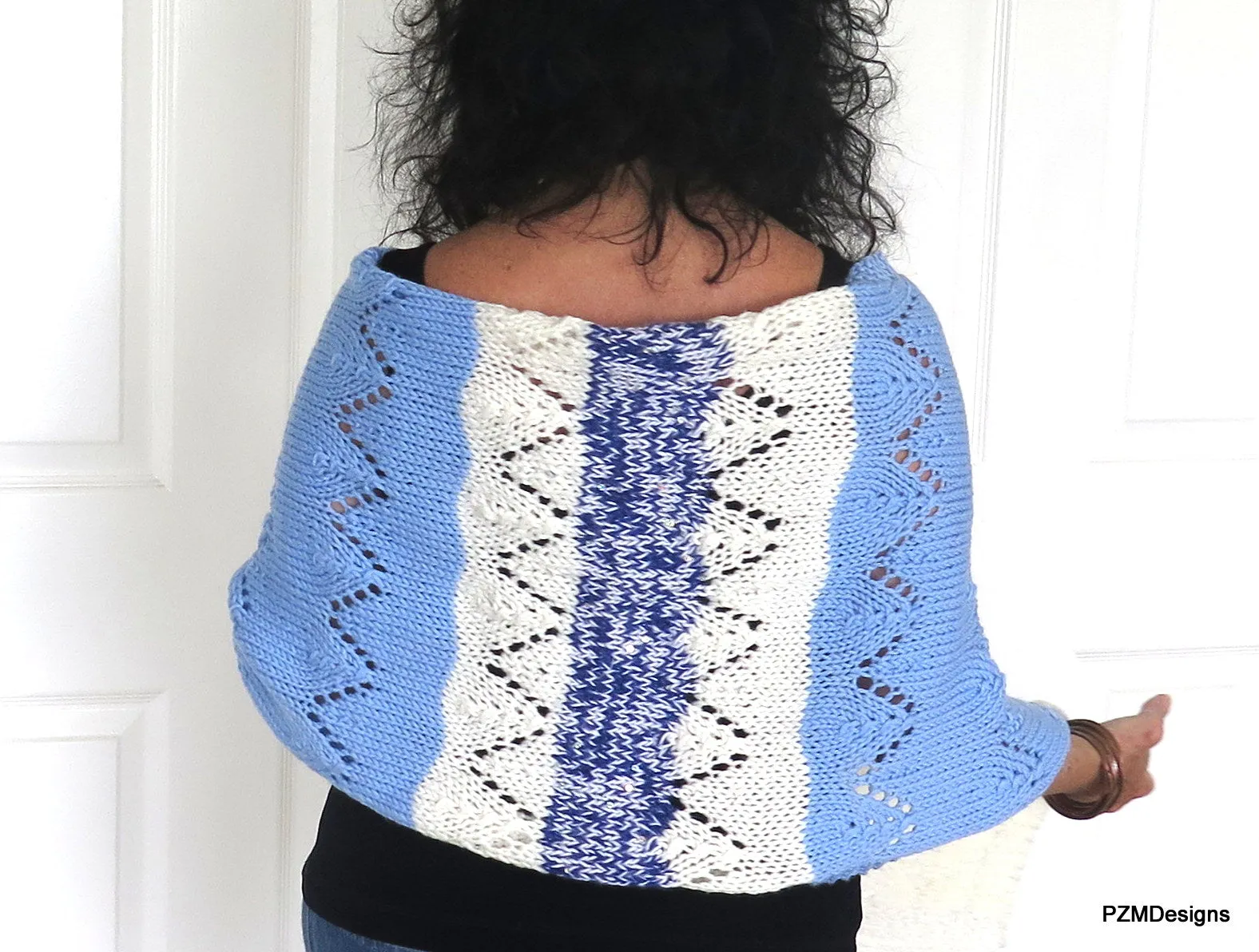 Hand Knit Meditation Shawl, Blue and Whte Prayer Shawl, Gift for her