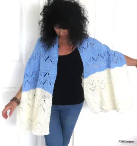 Hand Knit Meditation Shawl, Blue and Whte Prayer Shawl, Gift for her