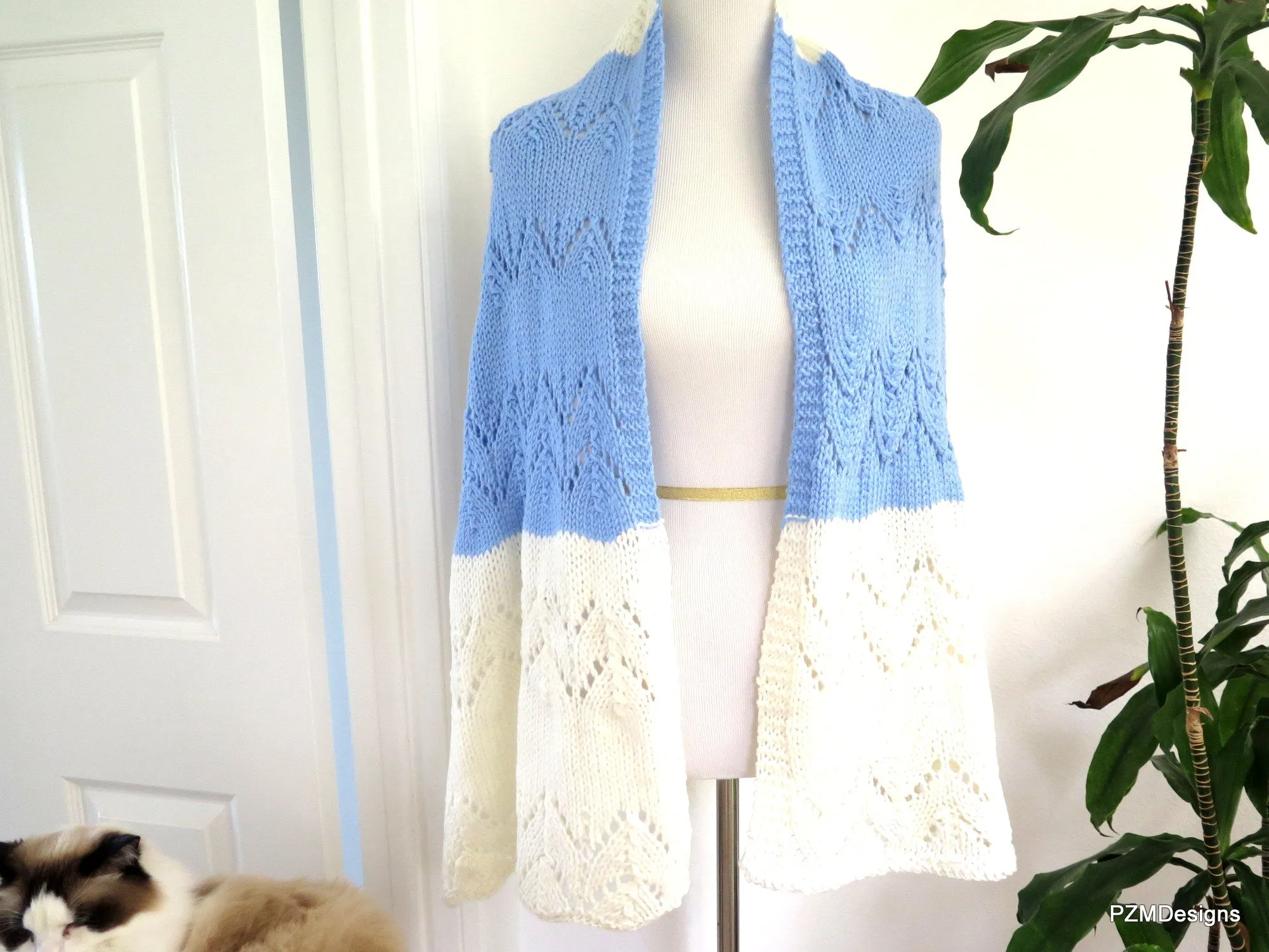 Hand Knit Meditation Shawl, Blue and Whte Prayer Shawl, Gift for her