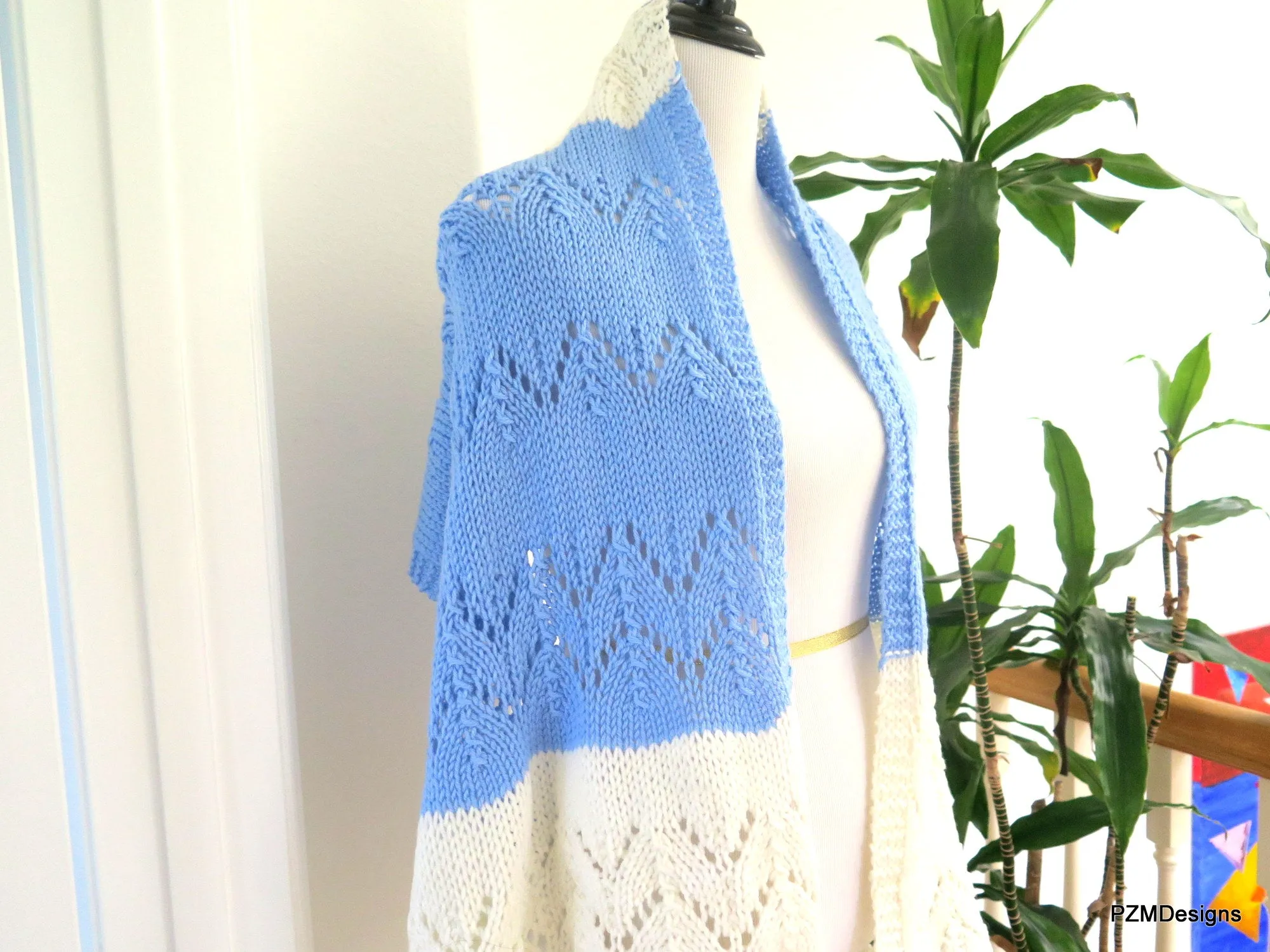 Hand Knit Meditation Shawl, Blue and Whte Prayer Shawl, Gift for her