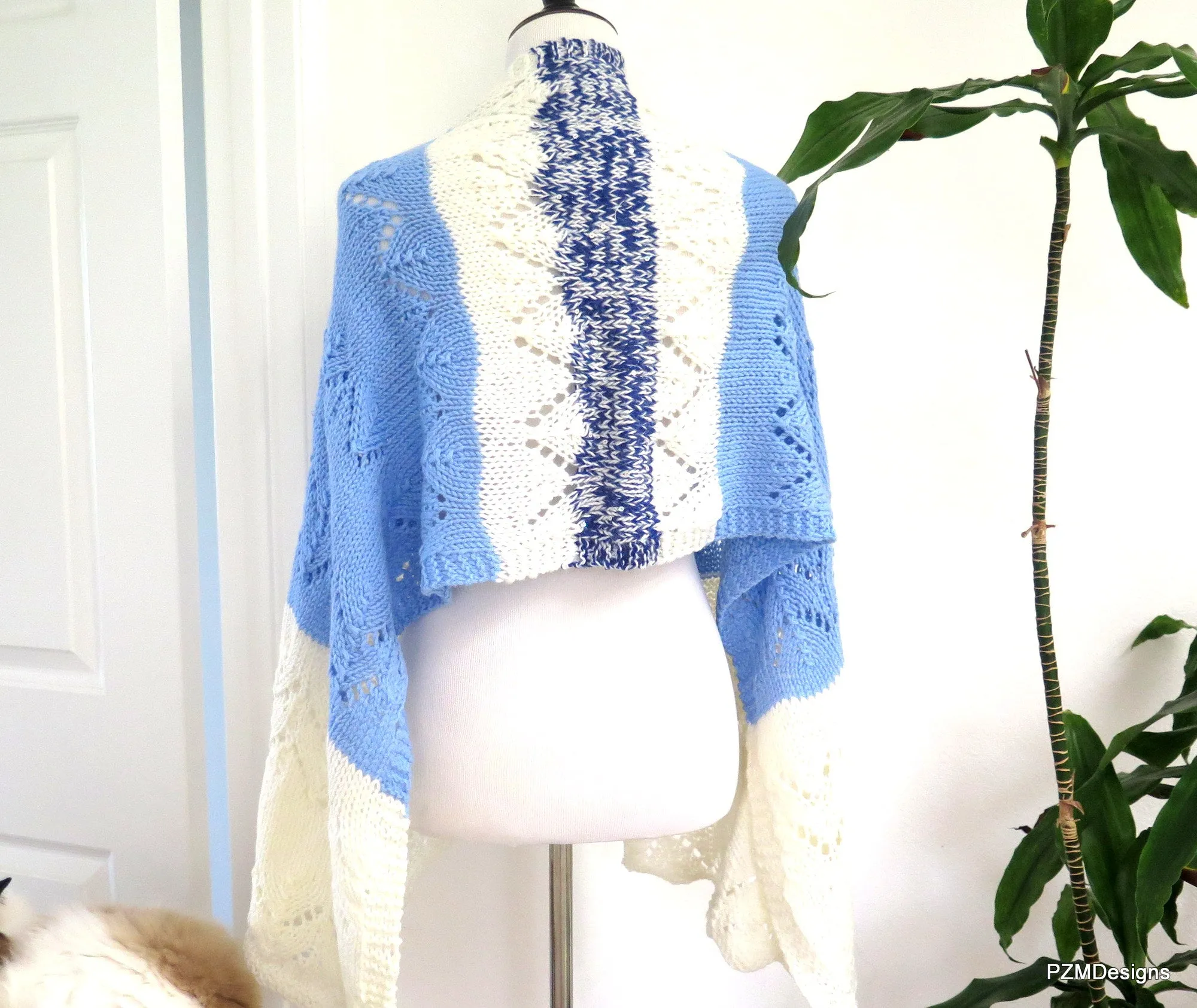 Hand Knit Meditation Shawl, Blue and Whte Prayer Shawl, Gift for her