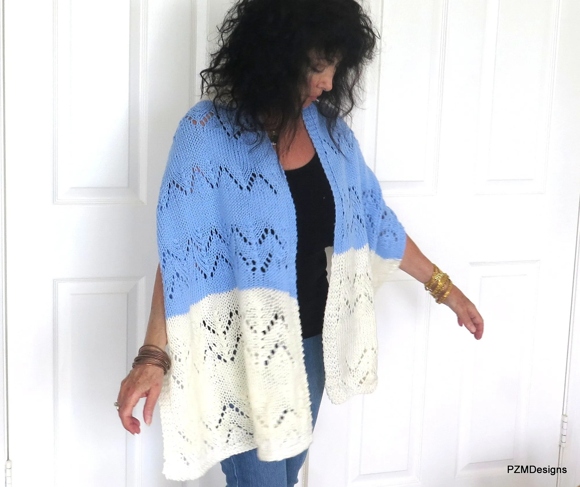 Hand Knit Meditation Shawl, Blue and Whte Prayer Shawl, Gift for her