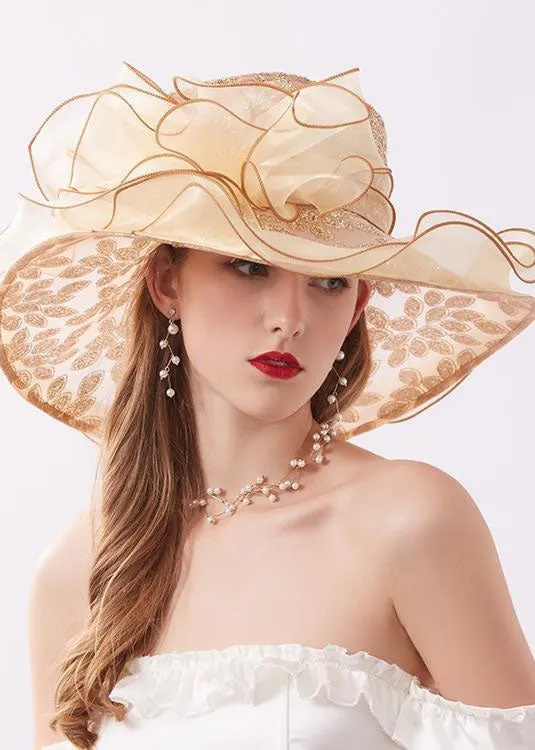 Handmade Khaki Zircon Chiffon Patchwork Floral Tulle Floppy Sun Hat LC0466