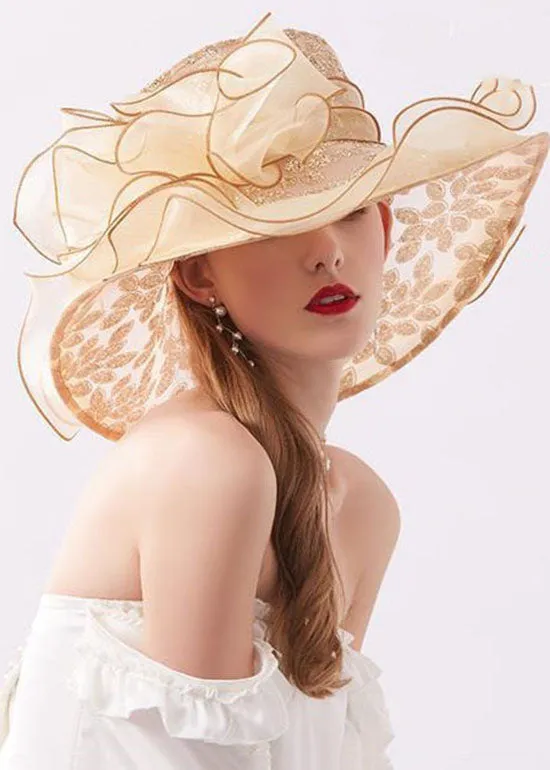 Handmade Khaki Zircon Chiffon Patchwork Floral Tulle Floppy Sun Hat LC0466