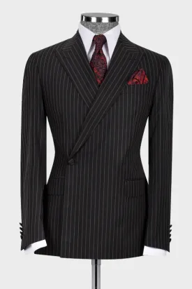 Harlan Formal Black Striped Bespoke Peaked Lapel Business Suit