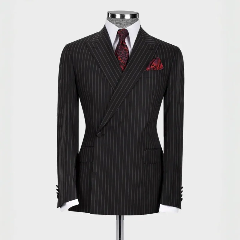 Harlan Formal Black Striped Bespoke Peaked Lapel Business Suit