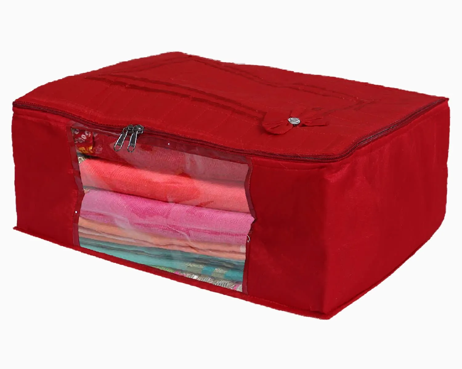 Heart Home Multiuses Foldable Cotton Saree Covers/Clothes Storage Bag/Wardrobe Organizer With Transparent Window- Pack of 2 (Red) 52HH4073