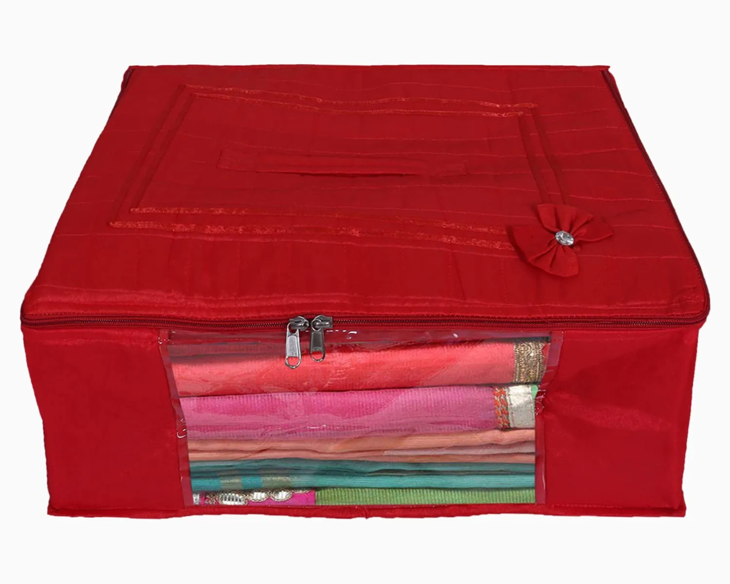 Heart Home Multiuses Foldable Cotton Saree Covers/Clothes Storage Bag/Wardrobe Organizer With Transparent Window- Pack of 2 (Red) 52HH4073