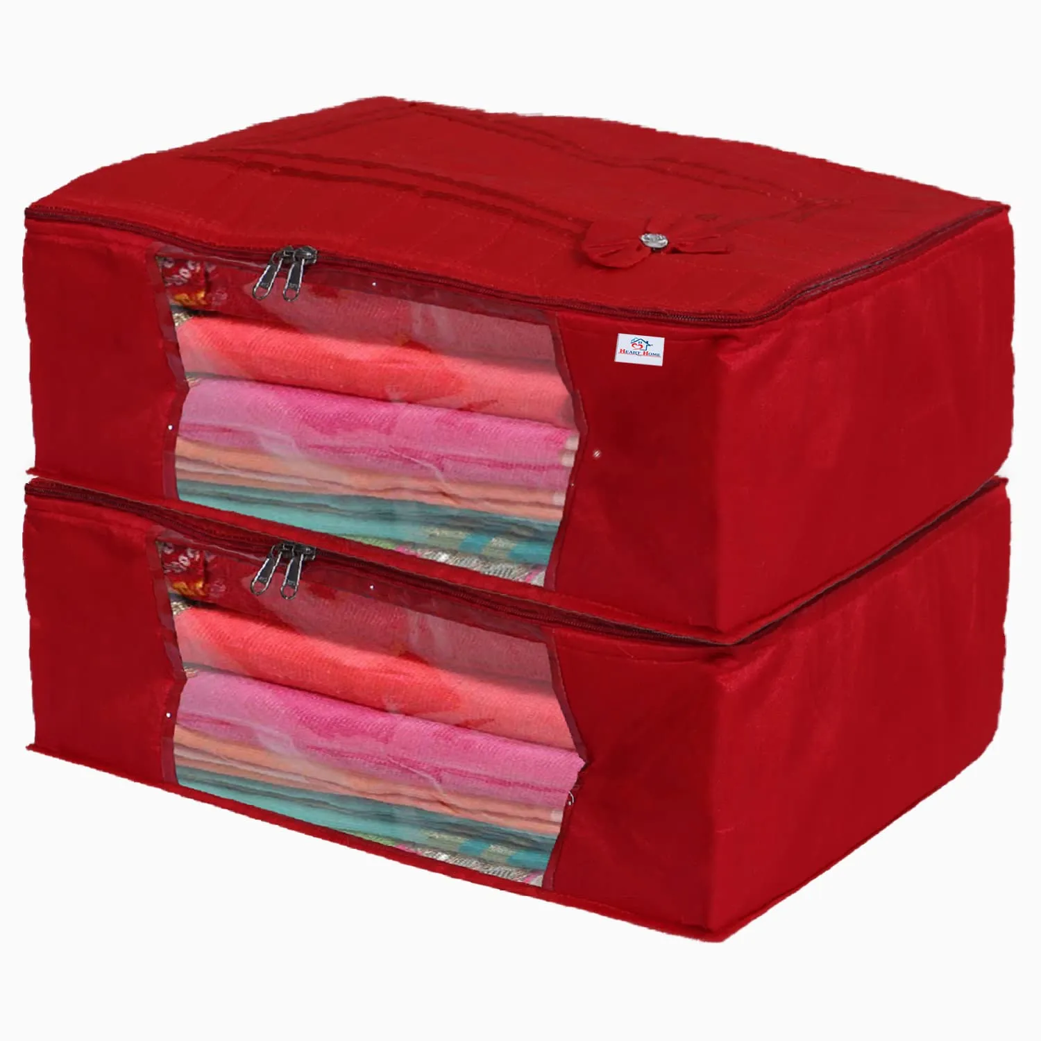 Heart Home Multiuses Foldable Cotton Saree Covers/Clothes Storage Bag/Wardrobe Organizer With Transparent Window- Pack of 2 (Red) 52HH4073