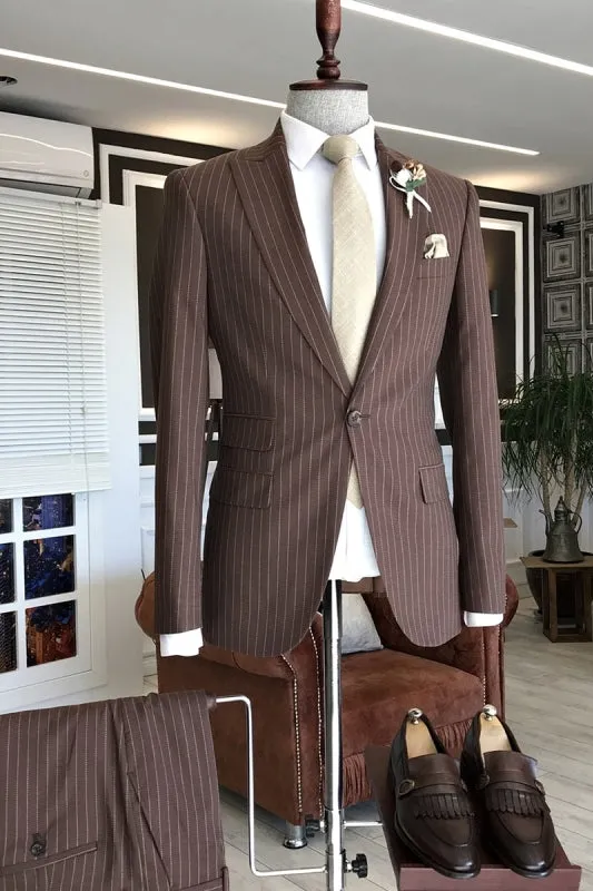 Herman Formal Brown Striped Two-Piece Peaked Lapel Business Suit