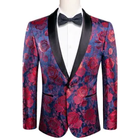 Hi-Tie Black Shawl Lapel Luxury Blue Red Floral Men's Suit Set