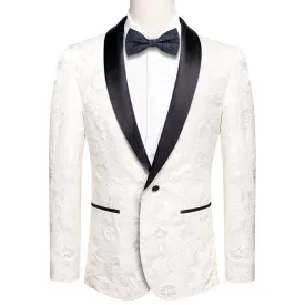 Hi-Tie Black Shawl Lapel Wedding White Suit Pure White Floral Mens Top