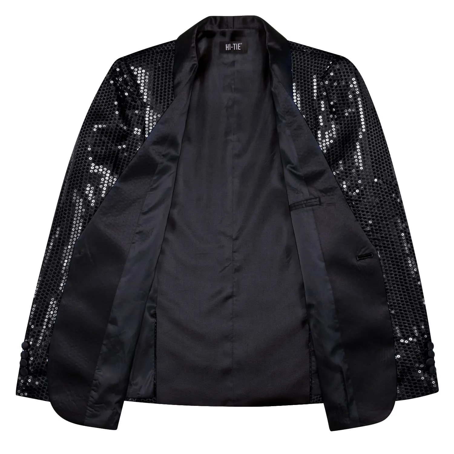 Hi-Tie Sequin Blazer Black Shawl Collar Black Solid Suit Tie Set