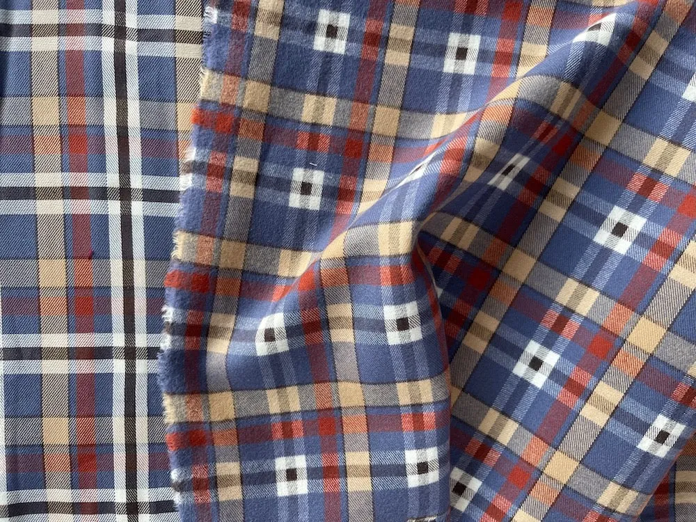 High-End Periwinkle, Brick & Camel Moderne Plaid Cotton Flannel Shirting (Made in Italy)